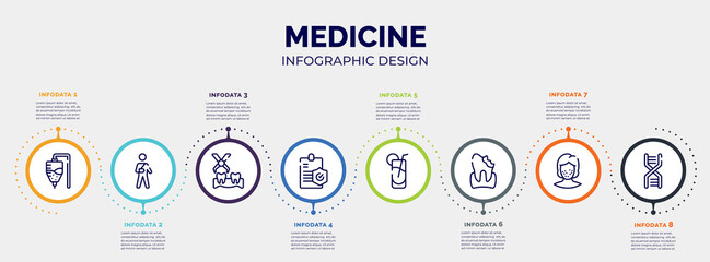 Poster - infographic for medicine concept. vector infographic template with icons and 8 option or steps. included medicine hanging bag, wounded man, extraction, medical insurance, fresh soda glass, decay,