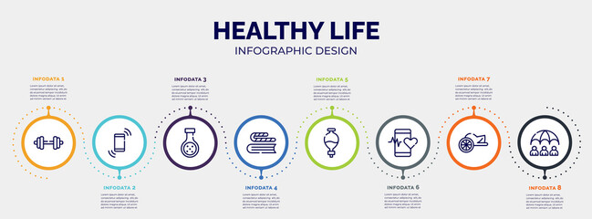 infographic for healthy life concept. vector infographic template with icons and 8 option or steps. included dumbell, shake, chemical reaction, bookworm, separating funnel, medical app, chariot,