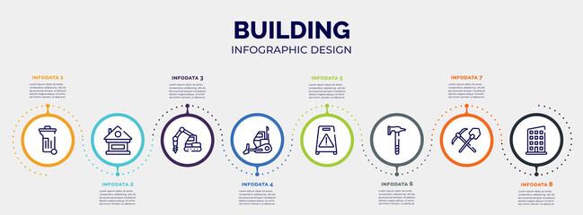 Poster - infographic for building concept. vector infographic template with icons and 8 option or steps. included dumpster, lodge, trucking, bulldozing, wet floor, battle axe, mine, rectangles editable