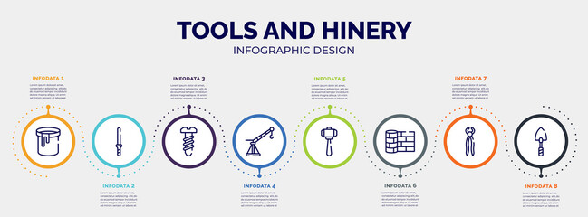 Wall Mural - infographic for tools and hinery concept. vector infographic template with icons and 8 option or steps. included paint can open, knife file, bolts, davit, big hammer, linoleum, nail puller, garden
