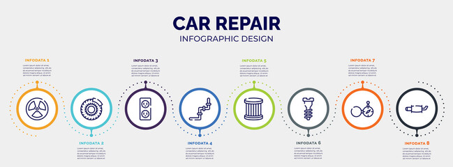 Poster - infographic for car repair concept. vector infographic template with icons and 8 option or steps. included radiation, brake disc, electric socket, junction, oil filter, garage screw, open compass,