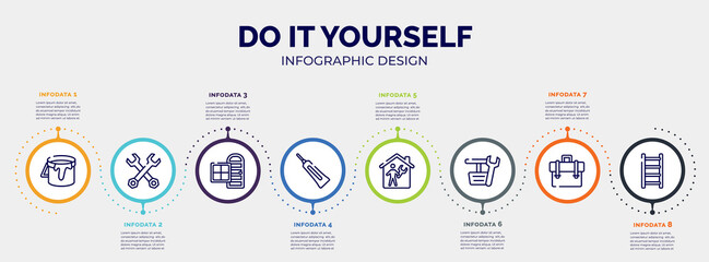 Poster - infographic for do it yourself concept. vector infographic template with icons and 8 option or steps. included open paint bucket, double wrench, door and window, caulk, repairman inside a home,