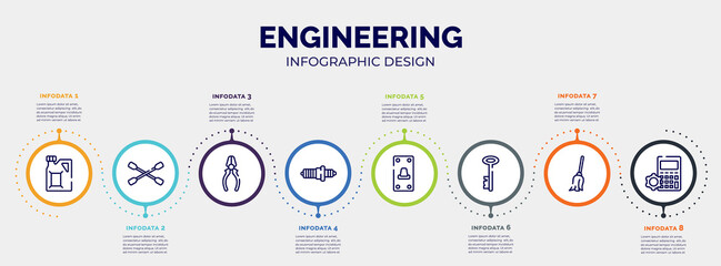 Wall Mural - infographic for engineering concept. vector infographic template with icons and 8 option or steps. included gasoline, lug wrench, repair pliers, spark plug, switch on, antique key, cleaning mop,