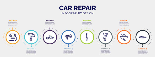 Wall Mural - infographic for car repair concept. vector infographic template with icons and 8 option or steps. included nuts and bolts, painter roller, steamroller, grinder, repair screwdriver, null, swiss