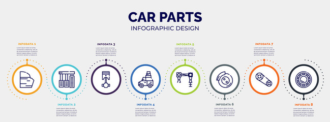 Poster - infographic for car parts concept. vector infographic template with icons and 8 option or steps. included car trim, car accelerator, cylinder, luggage rack, torsion bar, disc brake, camshaft,