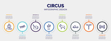 Infographic For Circus Concept. Vector Infographic Template With Icons And 8 Option Or Steps. Included Sand Castle, Garlands, Snails, Dead Tree, Bulldog, Pickup Truck, Corkscrew, Bow Tie Editable