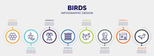 Infographic For Birds Concept. Vector Infographic Template With Icons And 8 Option Or Steps. Included Moss, Lizard, Fountain, Cage, Hazelnut, Turban, Aquarium, Duck Editable Vector.