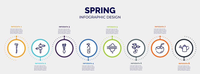 Poster - infographic for spring concept. vector infographic template with icons and 8 option or steps. included axe, road, onion, oxygen tank, glacier, beans, coconut drink, watering can editable vector.