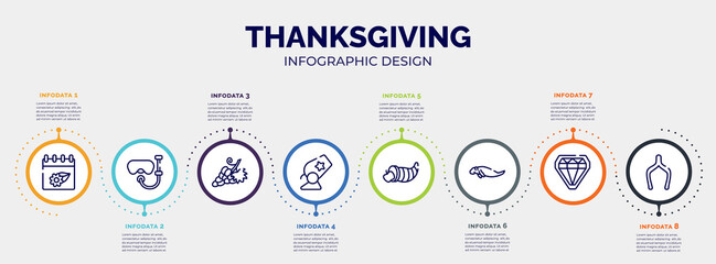 Poster - infographic for thanksgiving concept. vector infographic template with icons and 8 option or steps. included season, snorkel, grapes, cannon, cornucopia, sea cow, diamonds, wishbone editable vector.