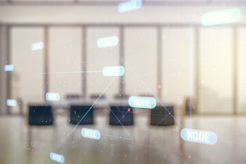 Aufkleber - Abstract virtual coding illustration on a modern coworking room background, software development concept. Multiexposure