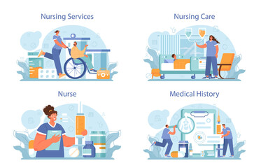 Wall Mural - Nurse set. Medical assistant, hospital worker taking care of patient.