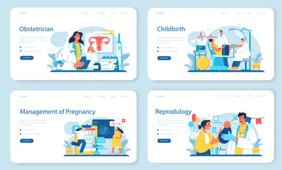  Obstetrician web banner or landing page set. Reproductologist