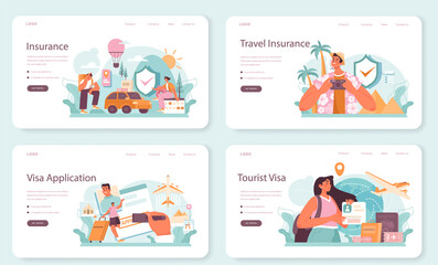 Traveling abroad web banner or landing page set. Visa application