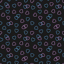 Pink And Blue Hearts On Black Background Seamless Pattern. Minimalistic Trendy Contemporary Design. Best For Textile, Wallpapers, Wrapping Paper, Package And Festive Decoration.