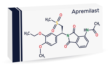 Poster - Apremilast drug molecule. It is non-steroidal medication used for the treatment psoriasis, psoriatic arthritis. Skeletal chemical formula. Paper packaging for drugs.