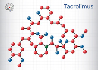 Wall Mural - Tacrolimus, FK-506 or Fujimycin molecule. It is potent immunosuppressive agent. Molecule model. Sheet of paper in a cage