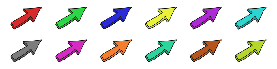 Poster - Colored arrows pointing right vector set. Vector set of hand drawn arrows. Cartoon arrows. plastic arrows. Vector illustration.