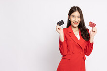 Happy Young Asia Businesswoman Smiling And Showing Two Credit Card For Paying Online Business Isolated On White Background