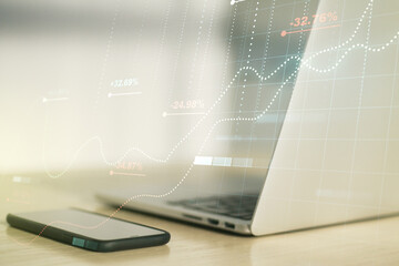 Aufkleber - Multi exposure of stats data illustration on modern laptop background, computing and analytics concept