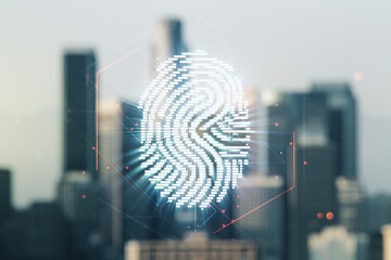 Aufkleber - Multi exposure of virtual fingerprint scan interface on blurry office buildings background, digital access concept