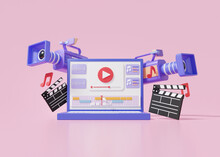 Laptop Mockup Movie Camera Video Editing And Cuts Footage Sound Music Via Computer Cartoon Cute Smooth On Pink Background, Motion, Vlog, Movie Clapper Board, 3d Render Illustration