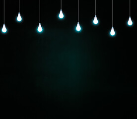Poster - Glowing Light Bulbs on a Textured Wall Abstract Background. Modern Dark green wall with lighting bulbs hanging and free space