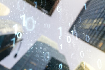 Aufkleber - Abstract virtual binary code hologram on modern architecture background, AI and machine learning concept. Multiexposure