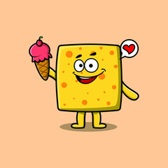 Wall Mural - Cute Cartoon cheese character holding ice cream cone