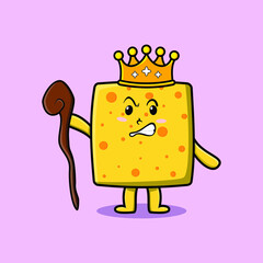 Wall Mural - Cute cartoon cheese mascot as wise king with golden crown and wooden stick