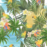 Fototapeta Łazienka - Watercolor painting seamless pattern summer tropical motifs: parrot beach, palm tree