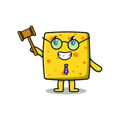 Wall Mural - Cute cartoon mascot character wise judge cheese wearing glasses and holding a hammer 