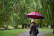 Portrait of stylish cute short haired blonde woman walking in the autumn park with red umbrella. View from back.