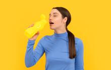 Happy Young Lady Drink From Sport Bottle With Water, Health