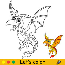 Cartoon Cute Dinosaur Yellow Pterodactyl Coloring Book Page Vector