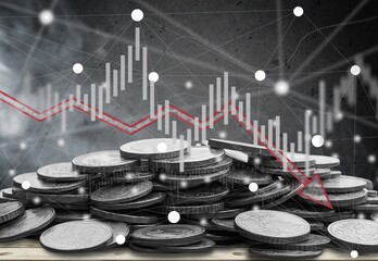 Canvas Print - Financial economic crisis. Coins with economic graph chart falling due to covid-19 pandemic, stock market crash