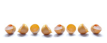 A Lot Of Eggshell Broken Chicken Eggs Halves With Shadow Isolated On White Background Banner With Copy Space, Long Line Of Organic Objects.