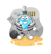 magnifying glass criminal in jail. cartoon character