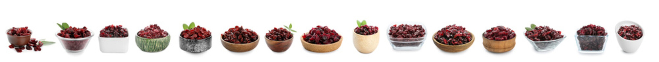 Set of bowls with dried cranberries on white background