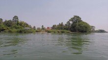 Side Boat Shot Buddhist Temple On Mekong River Si Phan Don Laos
