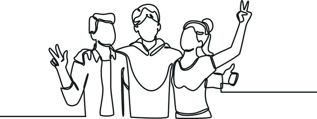 Wall Mural - One continuous line drawing of two happy friends posing with their graduating friend. Friendship day. Single line draw design vector graphic illustration.