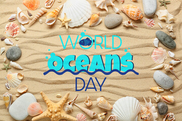 Wall Mural - Card for World Ocean Day with different sea shells on beach sand