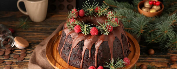 Wall Mural - Tasty Christmas pie with raspberry on wooden table