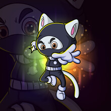 The Ninja Cat Attack With Shuriken Esport Mascot Design Logo
