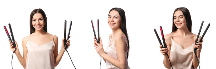 Poster - Set of beautiful young woman with flattening irons on white background