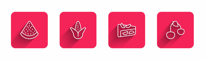 Sticker - Set line Watermelon, Corn, Homemade fruit pie and Cherry with long shadow. Red square button. Vector