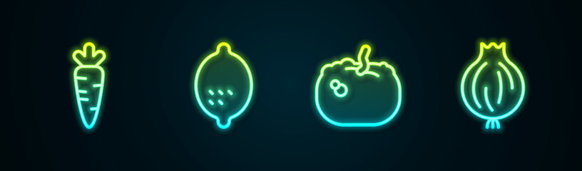 Poster - Set line Carrot, Lemon, Pumpkin and Garlic. Glowing neon icon. Vector