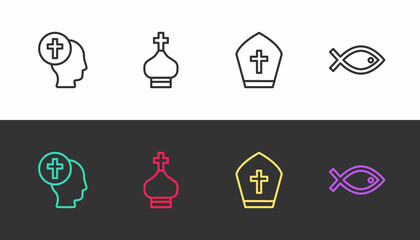 Poster - Set line Priest, Christian church tower, Pope hat and fish symbol on black and white. Vector