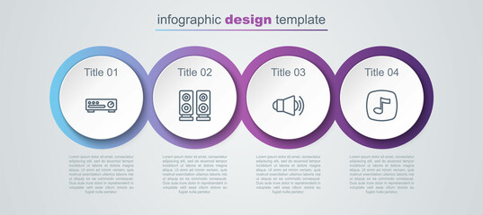 Wall Mural - Set line Sound mixer controller, Stereo speaker, Megaphone and Music note, tone. Business infographic template. Vector