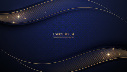Wall Mural - Luxury golden line wave with glitter light, and overlapping circles design on dark blue background. Vector illustration