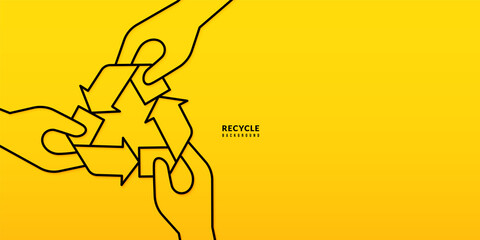 Wall Mural - Hand holding recycle symbol thin line design on yellow background, Save the planet and energy concept